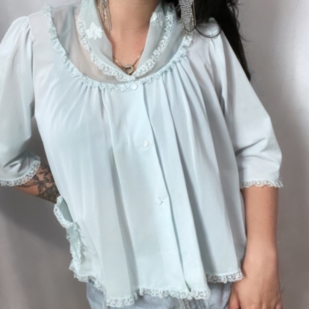 VINTAGE BABY BLUE NYLON EMBROIDERED BLOUSE - Picture 1 of 7